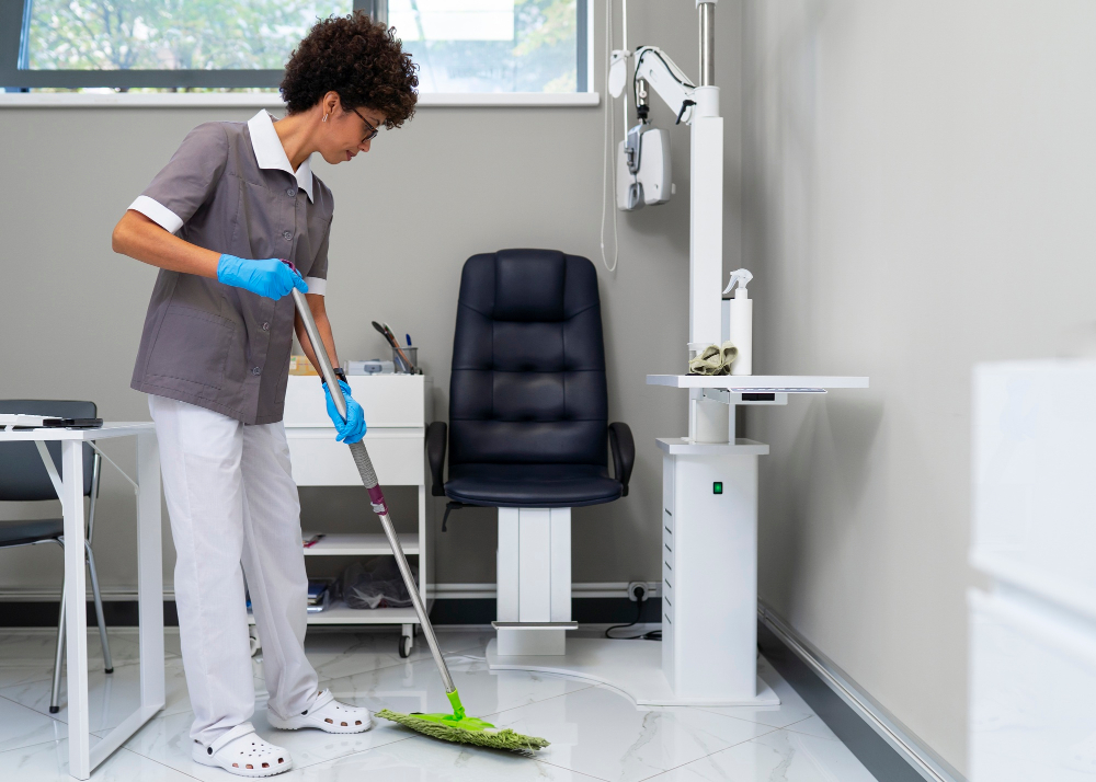 agent de bionettoyage en train de nettoyer une salle de consultation médicale