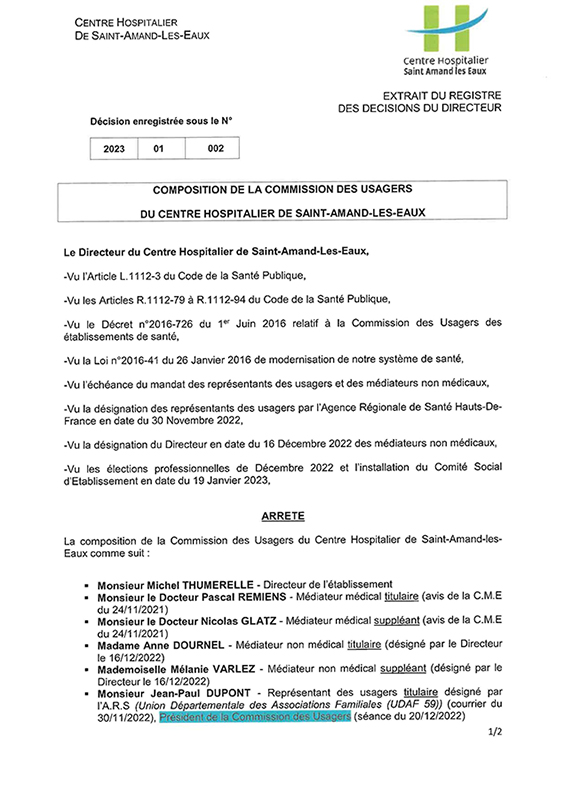 décision 2023-01-002 composition de la CDU CH ST AMAND_Page_1 document écrit avec la composition des la Commission des usagers
