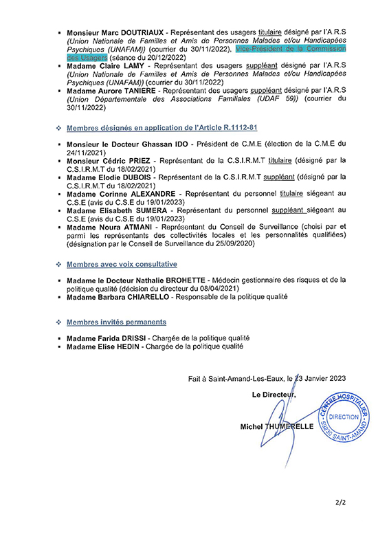 décision 2023-01-002 composition de la CDU CH ST AMAND_Page_2 document écrit avec la composition des la Commission des usagers