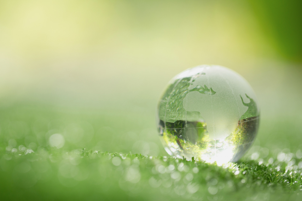 mappemonde verte posée dans l'herbe symbolisant le développement durable